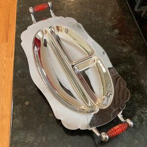 MCM chrome nut/candy dish with red Bakelite handles